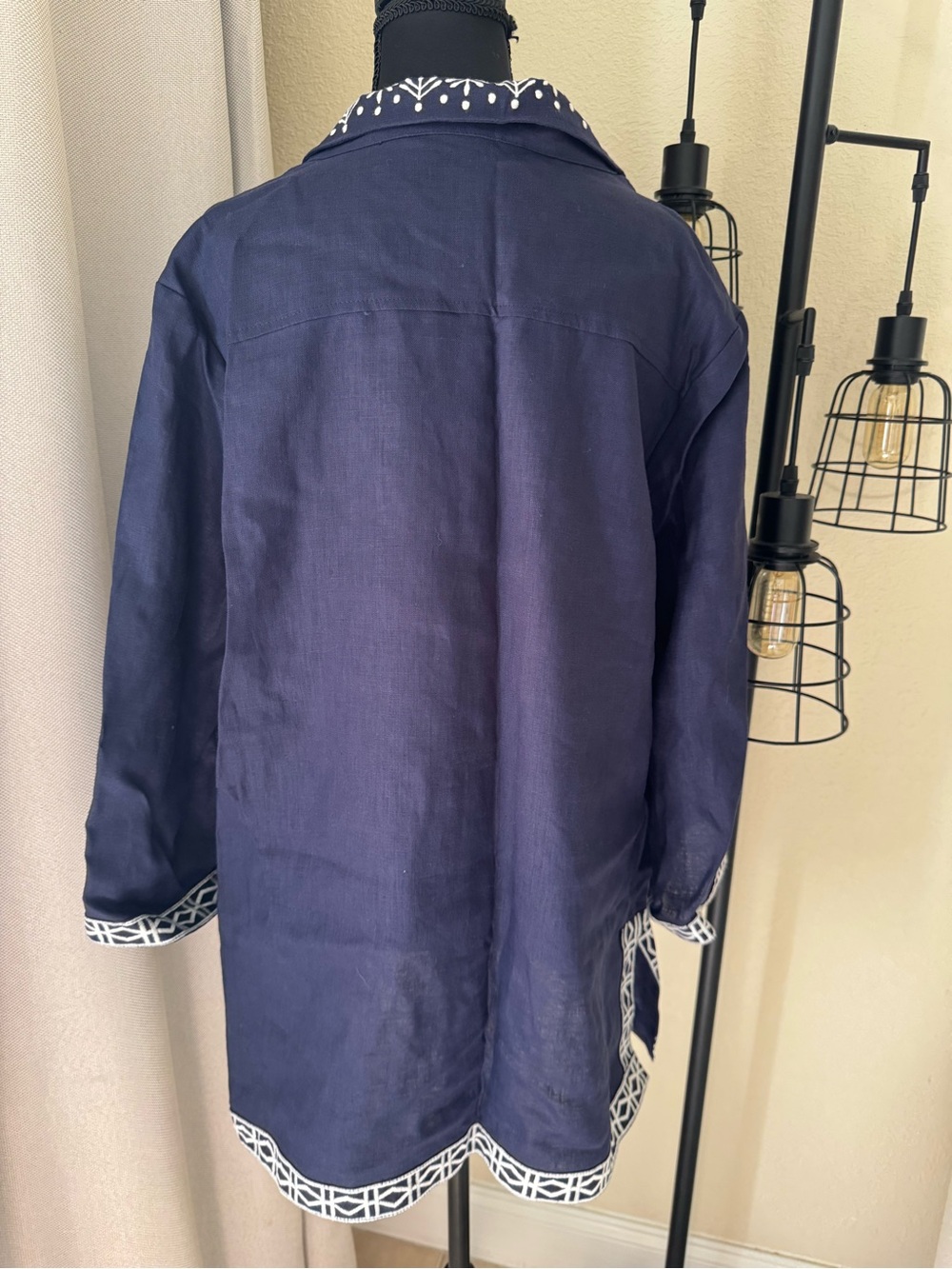 NM Neiman Marcus 100% Linen Navy Embroidered Tunic Dress XL Boho Coastal - Picture 7 of 8
